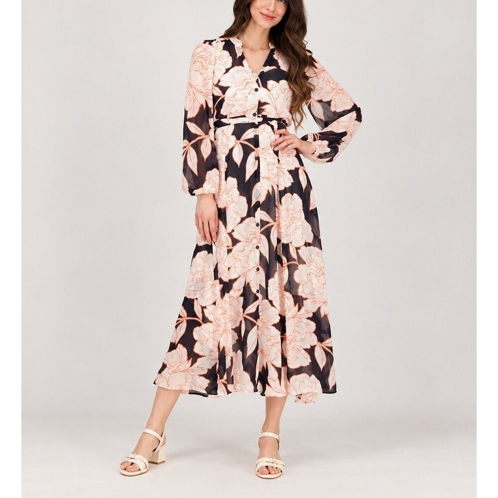 Nina Leonard Large Floral Chiffon Maxi Dress Navy Ivory Coral Belted Vacation